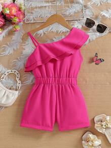 SHEIN Elladie kids Young Girl's Patchwork Ruffle Edge Asymmetric Collar Romper