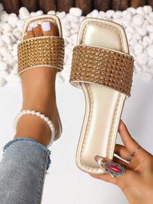 女士鑽石拼接拖鞋,夏季戶外穿著,大尺寸,開放式腳趾,扁平涼鞋,時尚百搭沙灘鞋 - 金色 - 查看 1