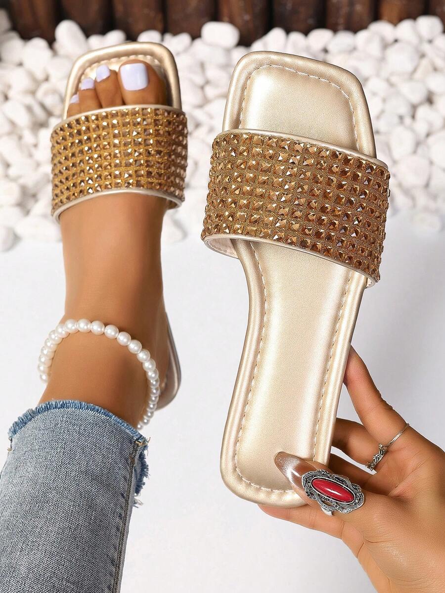 女士鑽石拼接拖鞋,夏季戶外穿著,大尺寸,開放式腳趾,扁平涼鞋,時尚百搭沙灘鞋 - 金色 - 查看 1