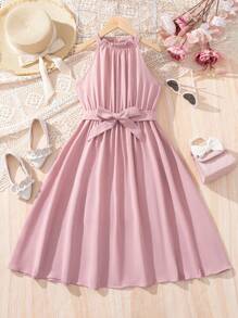 SHEIN 青少年女孩夏季优雅挂脖连衣裙，配有可拆卸腰带和荷叶边 - 粉色 - 查看 1