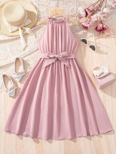 SHEIN Tween Girls' Summer Elegant Halter Neck Dress With Detachable Waist Belt And Ruffle Trim