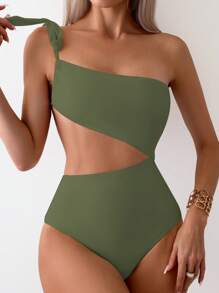 SHEIN Swim Traje de baño de una pieza para mujeres con lazo, estilo versátil para vacaciones en la playa