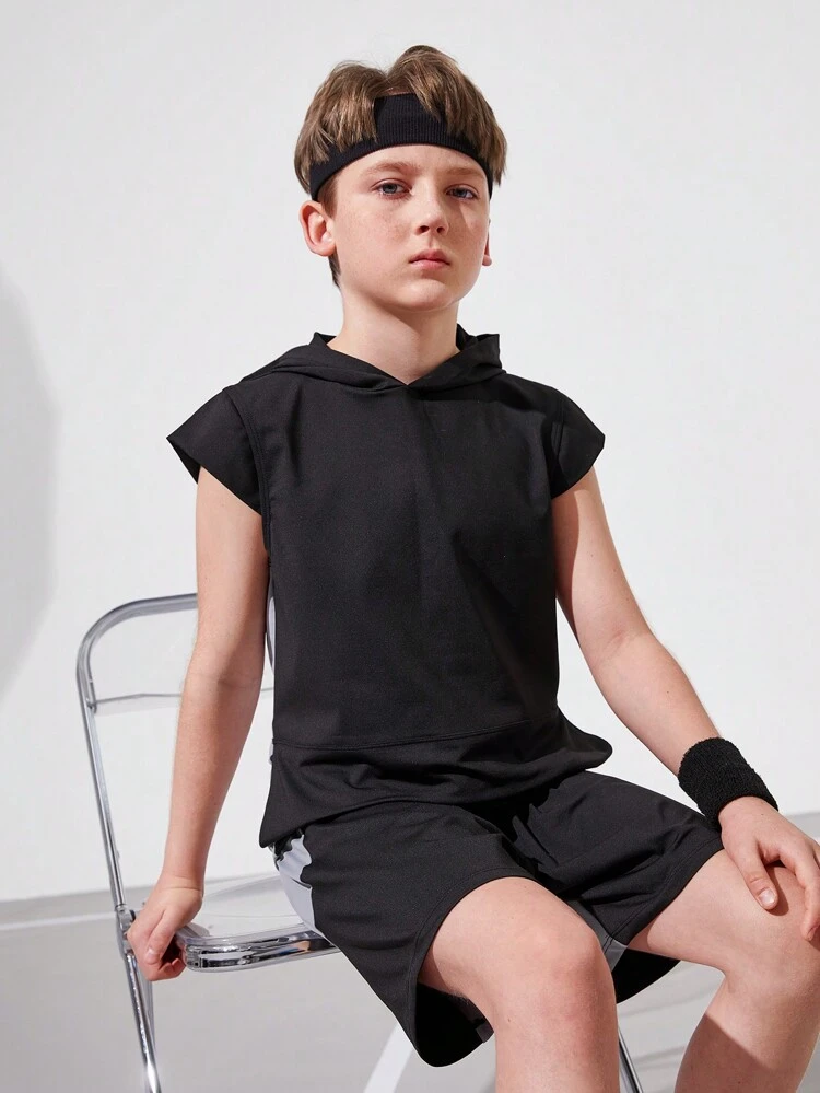 Tween Boys' Sports Yoga Set For Fitness, Running, Cycling, Breathable, Stretchy, Sweat-Wicking, Simple And Fashionable Design