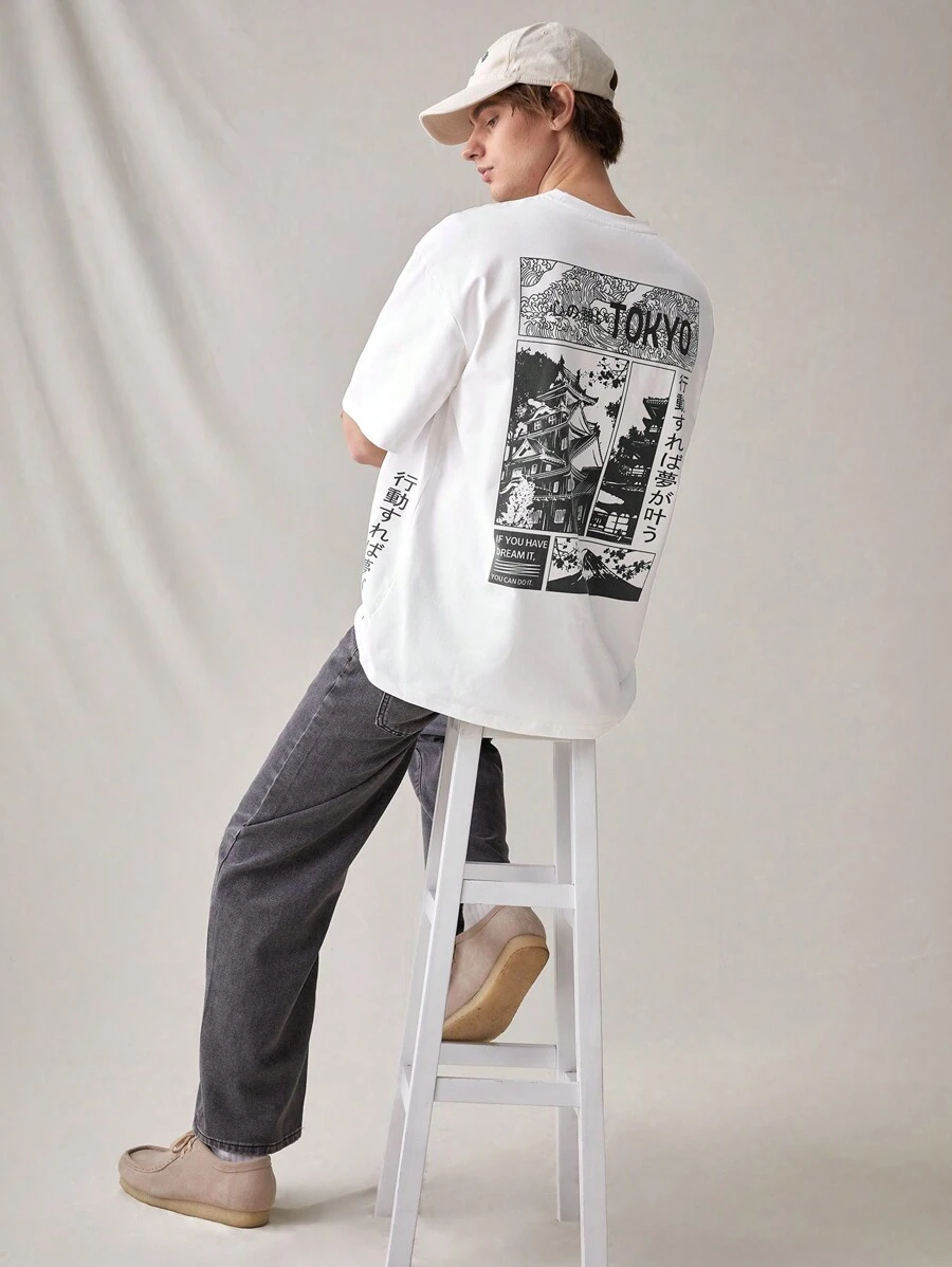 SWAVVY 男士宽松建筑与日式印花短袖 T 恤，夏季 - 黑色 - 查看 1