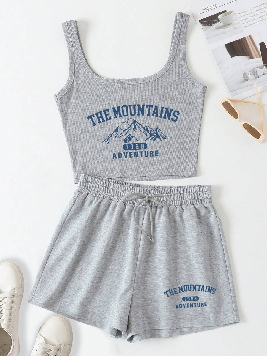 INAWLY 印有山脈和字母的背心和短褲套裝 - 淺灰色 - 查看 1