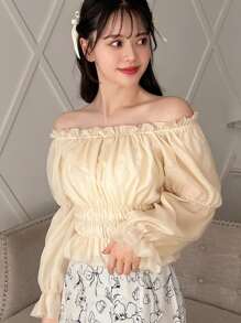 FRIFUL Camisa De Hombro Descubierto Sólido De Las Mujeres Con Manga De Volantes Y Pliegues - Beis - Ver 7