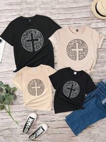 SHEIN Tween Girl Casual Letter & Cross Print Short Sleeve T-Shirt - Camel - View 6
