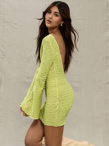 MUSERA Lime Textured Long Sleeve Mini Dress Spring Summer Vacation Ibiza Fits - Green - View 3