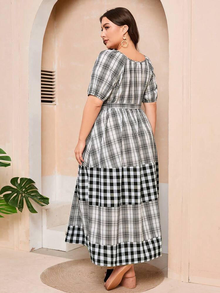 Plus Size Women's Plaid Short Sleeve Insert Shoulder Dress