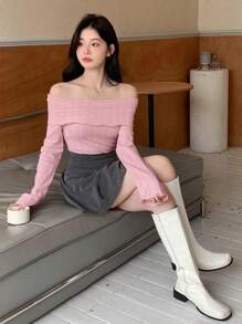 DAZY Off Shoulder Texture Long Sleeve T-Shirt Valentine Valentine's Day Summer,Back To School Clothes - Pink - View 2