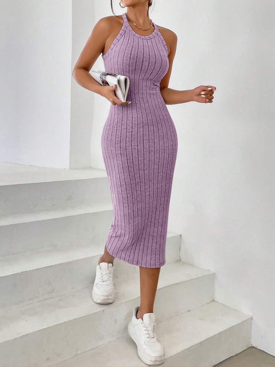 SHEIN Essnce Solid Color Ribbed Waist Cinched Sleeveless Dress,Lavender Dress - Mauve Purple - View 1