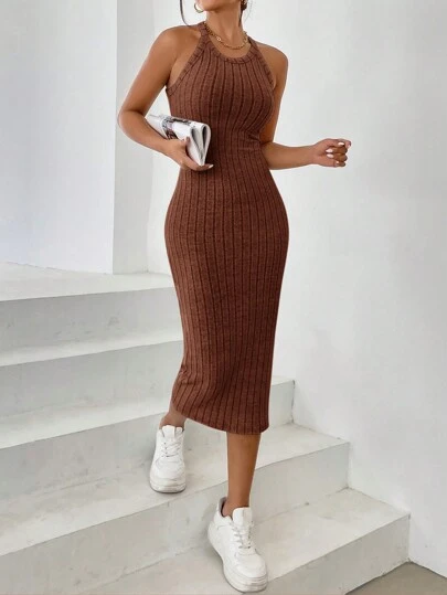 SHEIN Essnce Solid Color Ribbed Sleeveless A-Line Dress With Drawstring Waist