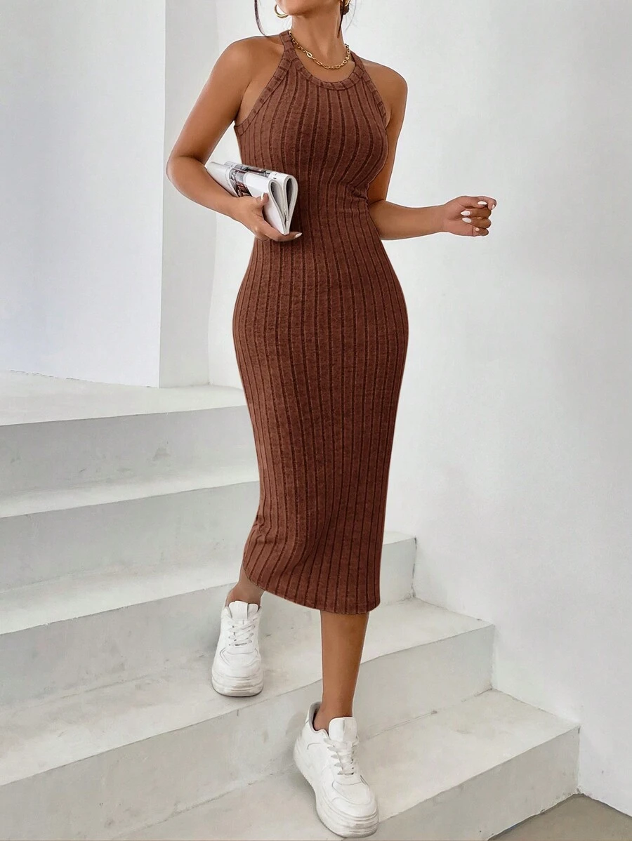 SHEIN Essnce Solid Color Ribbed Sleeveless A-Line Dress With Drawstring ...