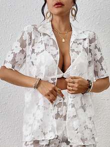 SHEIN Swim 女性花卉網紗短袖和服外套 - 白色 - 查看 3