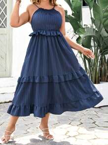 SHEIN Clasi 大尺碼女士純色拼接露背襯衫荷葉邊中長裙 - 藏蓝色 - 查看 3