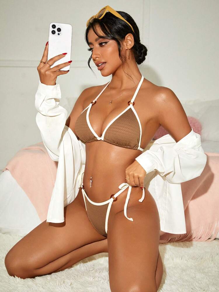 Ladies' Color Block Halter Strap Bikini Set, String Bikini Set Swimwear Bathing Suit Beach Outfit Summer Vacation Summer Beach