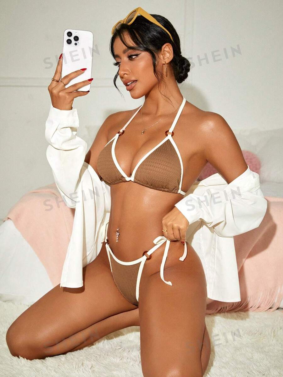 SHEIN Swim Conjunto de bikini con correa de halter de bloque de color para señoras, conjunto de bikini de tanga, traje de baño, atuendo de playa, vacaciones de verano, playa de verano