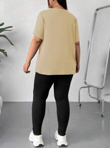 CovetEZ Plus Size Alphabet Printed T-Shirt And Leggings Set - Apricot - View 2