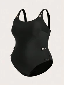 SHEIN Swim Curve Plus Size One-Piece Swimsuit With Heart Decoration Summer - Black - View 3