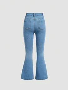 SHEIN Jeans acampanados con bolsillos en diagonal y estampado de mariposas estilo boho primavera-verano para niña preadolescente, verano - Lavado ligero - Ver 2