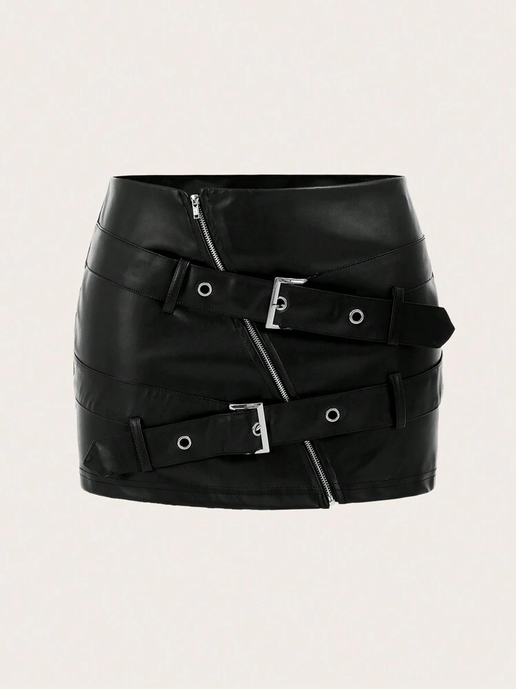 SHEIN ICON Y2k Brown Pu Mini Skirt With Slanted Zipper And Belt