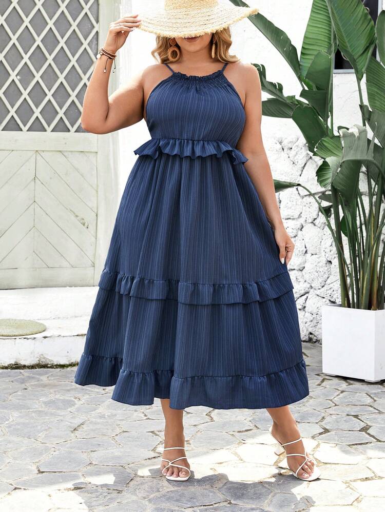 Plus Size Women's Solid Color Patchwork Halter Neck Ruffled Hem Midi Dress
