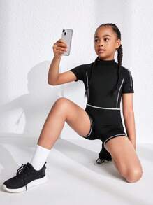 SHEIN Tween Girl Simple Black Short Sleeve Stand Collar Jumpsuit For Sports - Black - View 4
