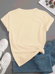 SHEIN LUNE 女士貓咪印花圓領短袖t恤 - 杏色 - 查看 2