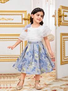 SHEIN Set aus 2 Teilen für Kleine Mädchen: Gerüschte Bluse mit Puffärmeln und Jacquard Rock