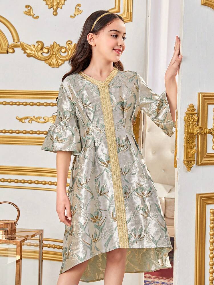 Tween Girls' Casual V-Neck Jacquard Dress With Ruffle Hem And Short Front Long Back Design