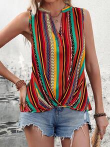 SHEIN VCAY Blusa Sin Mangas De Rayas Coloridas Con Escote En V - Multicolor - Ver 3