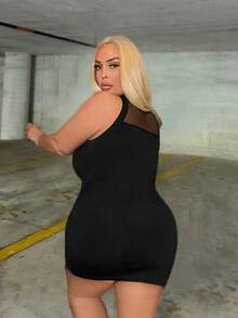 NU&NOW Plus Size Women's Mesh Contrast Sleeveless Dress - Black - View 2