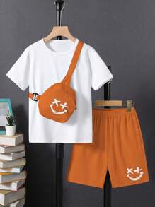 SHEIN Tween Boys' Plain Top And Print Shorts Set - Orange - View 1