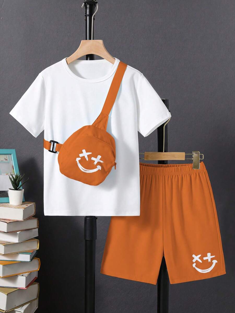 SHEIN Tween Boys' Plain Top And Print Shorts Set - Orange - View 1