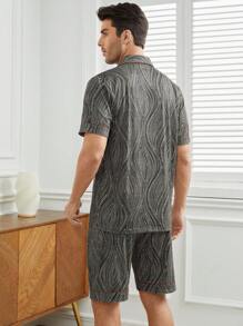 Men's Botanical Print Short Sleeve T-Shirt And Shorts Pajama Set - Black and White - View 3