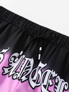 ROMWE MEN Street Life 男款度假風格椰樹&字母印花漸層短褲,適用於春季和夏季 - 黑色 - 查看 5