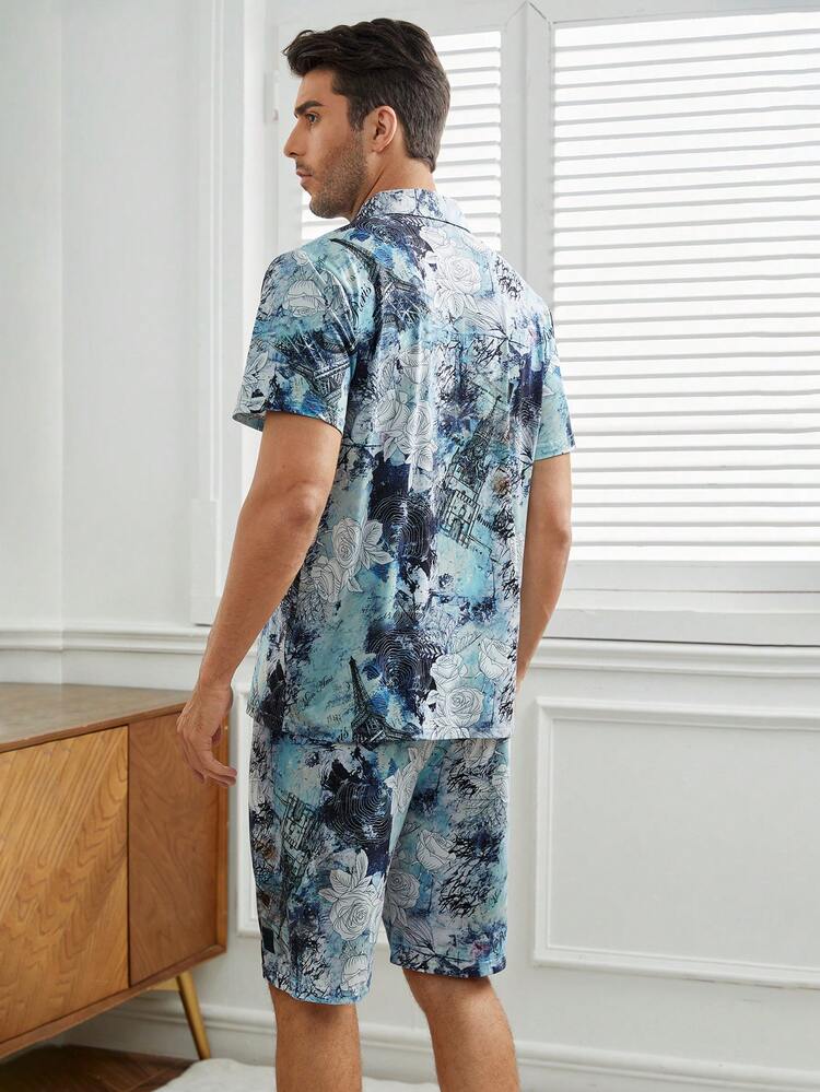 Men's Lapel Collar Short Sleeve Shirt & Shorts Set With All-Over Print For Homewear