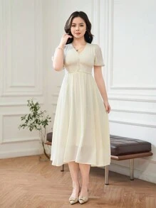 DAZY Đầm suông thường ngày cổ chữ V tay bồng thắt eo - Màu be - Xem 4