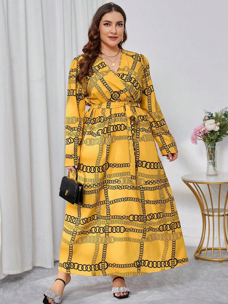 Modelyn 大尺碼女士圓領印花長袖連衣裙 - 黃色 - 查看 1