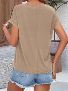 EMERY ROSE 蕾丝嵌件圆领蝙蝠袖 T 恤图案 T 恤女式上衣 - 卡其色 - 查看 2