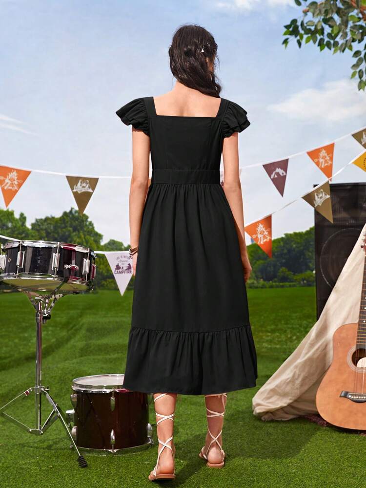 Teen Girl Button Front Waisted Ruffle Sleeve Woven Vacation Dress