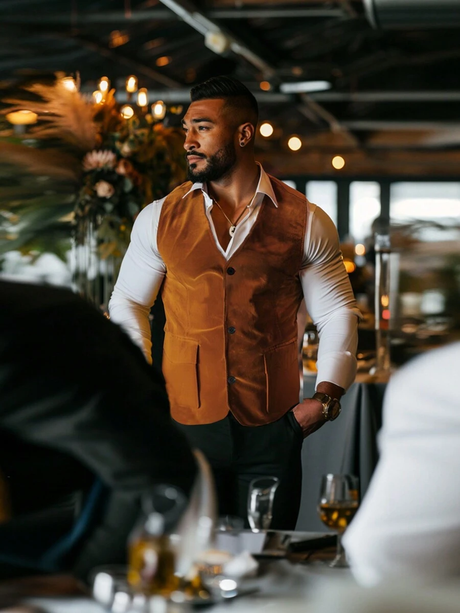 Calvornis Men's Single-Breasted Cargo Pocket Vest - Khaki - View 1