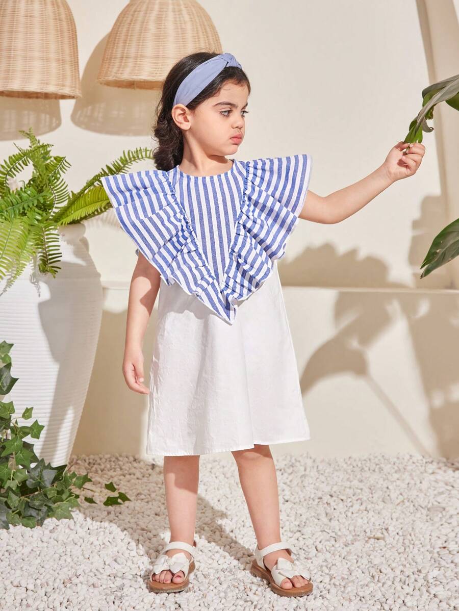 年轻女孩宽松休闲条纹中长连衣裙，带荷叶边饰边，适合日常穿着 - 彩色 - 查看 1