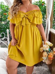 Flirla Plus Size Solid Color Off Shoulder Ruffle Hem Tie Dress - Yellow - View 6