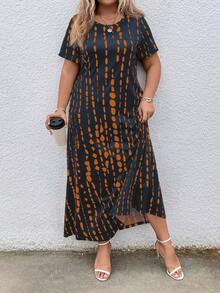 EMERY ROSE Plus Size Women's Loose Short Sleeve Dress With Round Neckline And Pockets, All-Over Print - Multicolor - View 6