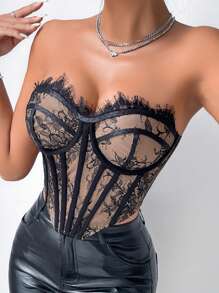 Allurite Áo corset ren cho nữ, gợi cảm bất đối xứng, ren tương phản, áo thun trơn không dây ôm vừa vặn màu đen cho nữ, trang phục xuân/hè, tiệc tùng/hộp đêm - màu đen - Xem 5