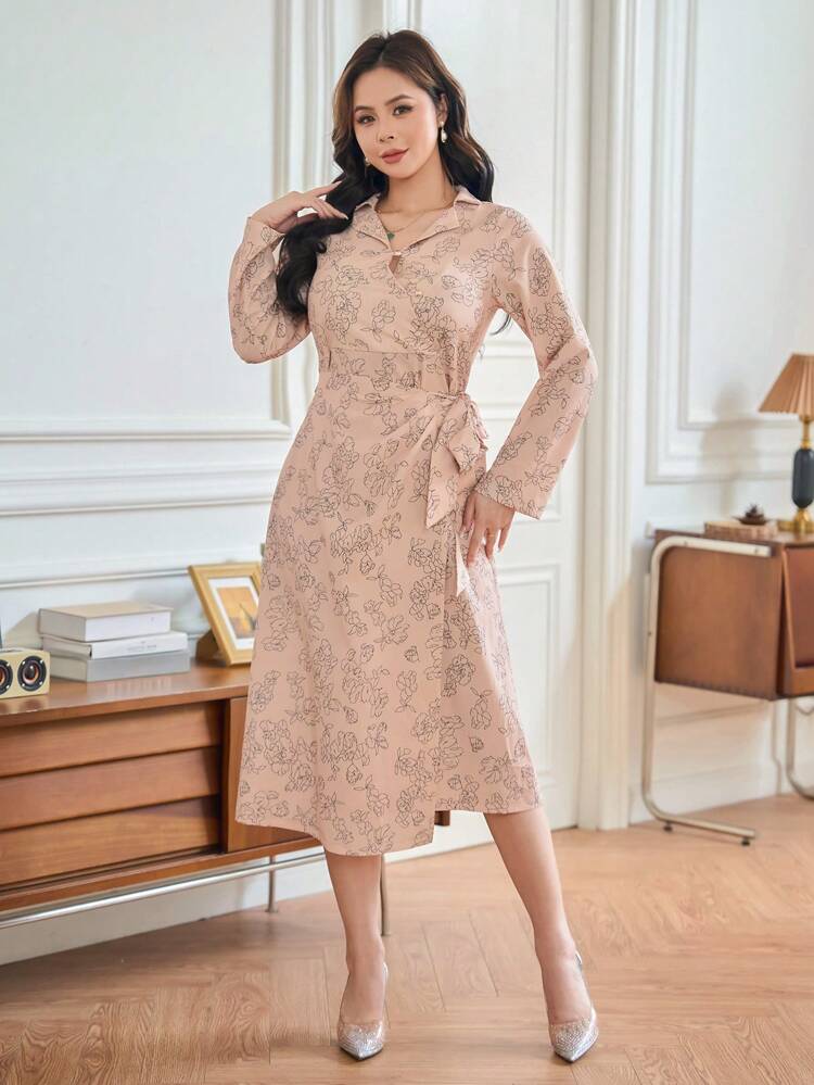 Floral Print Turn-Down Collar Tie Waist Dress Shirt Dress,Fall Dress Long Sleeve Dress