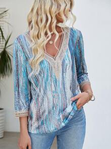 SHEIN LUNE 隨意印花蕾絲拼接t恤,休閒風格 - 藍色 - 查看 4