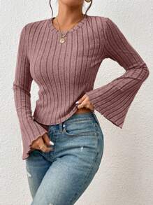 SHEIN Frenchy Camiseta Básica Con Mangas Acampanadas Con Volantes, Recortadas Con Forma De Lechuga Y Tela De Grano - Rosa vieja - Ver 3