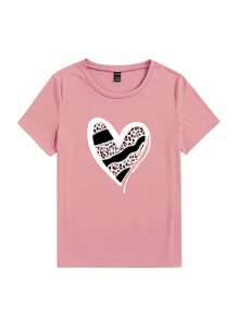 SHEIN 女款心形圖案短袖 T 卹 - 粉色 - 查看 4
